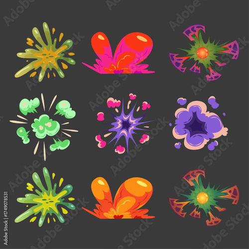 Explosive Comic Book Effects And Cartoon Explosion Shapes On Dark Background