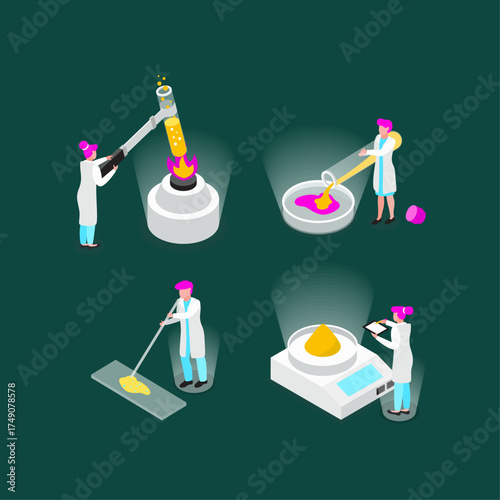 Science Laboratory Experiment Illustration of Researchers Performing Chemical Procedures