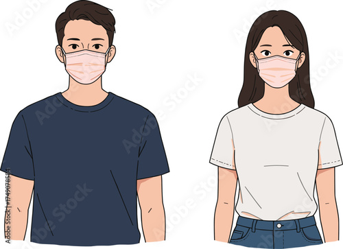 People wearing protective face masks, healthcare safety illustration, medical prevention concept, public health awareness, virus protection design, pandemic precaution