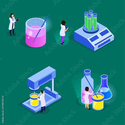Illustration of laboratory equipment and scientists conducting experiments