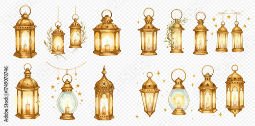 Set of elegant golden lanterns with burning candles, featuring diverse designs and decorative elements for festive occasions and cultural celebrations.