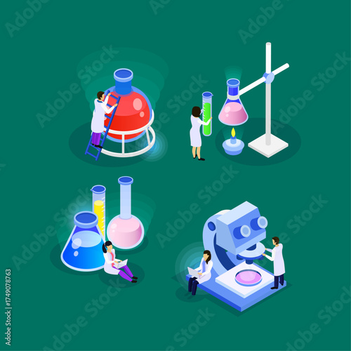 Science laboratory research and discovery in isometric illustration style