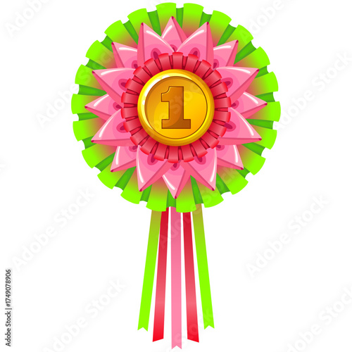 Golden Number 1 Badge with Pink and Green Ribbons - Award of Achievement