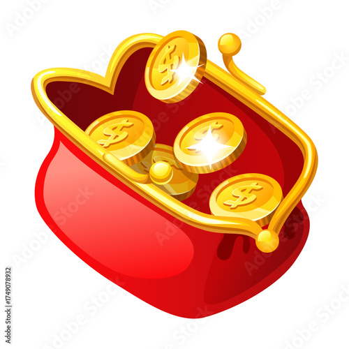 Red Coin Purse Overflowing with Gold Coins Symbolizing Wealth and Financial Success