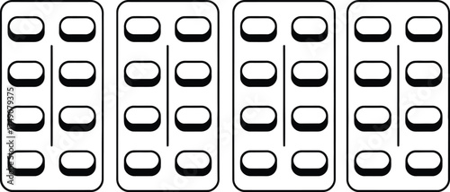 Four blister packs of oval pills displayed in a row for medical or pharmaceutical context