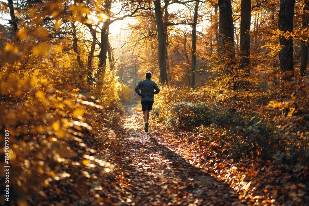 Fototapeta premium Person jogging along forest trail covered in autumn leaves with morning sunlight filtering through golden trees. Peaceful environment perfect for outdoor fitness and seasonal lifestyle wellness.