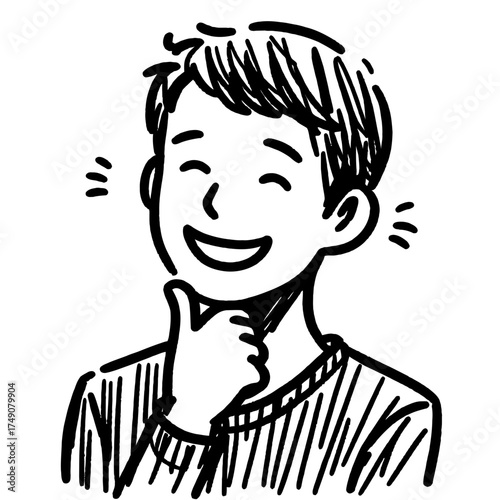 Young boy smiling while thinking with hand on chin in doodle style  