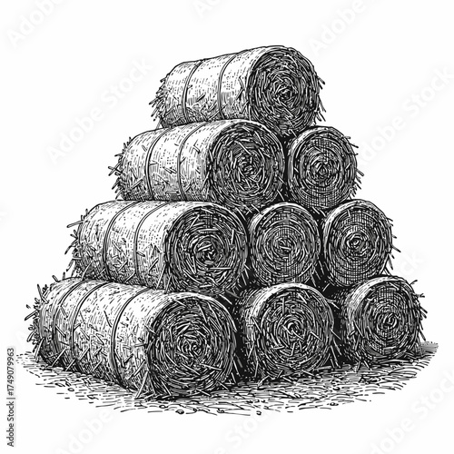 Stacked hay bales arranged neatly in a pyramid shape  