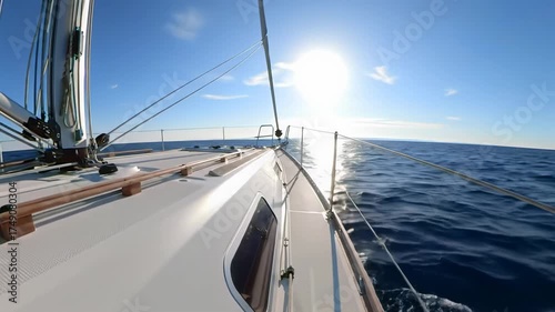 Pristine white sailing yacht glides gracefully on deep cerulean ocean under golden hour light, reflecting serene azure sky with wispy clouds, concept of tranquil adventure