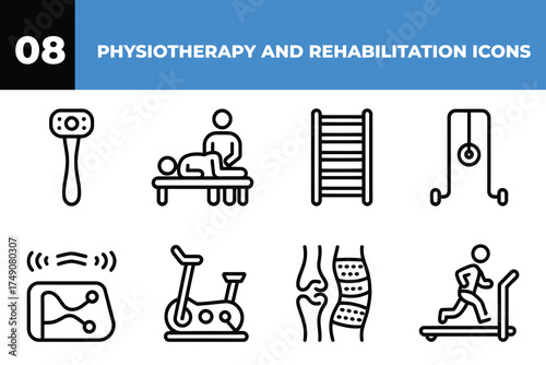 Collection of physiotherapy and rehabilitation icons depicting treatment and exercise equipment