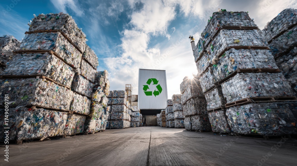Obraz premium Recycling plant facility exterior with sustainability signage and organized stacks of processed plastic materials representing eco industry circular economy and environmental waste management solution