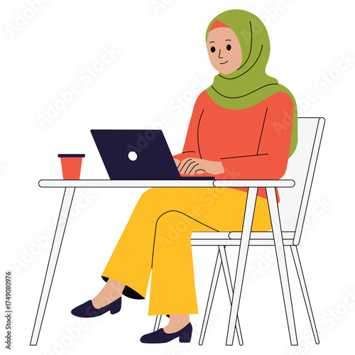 Muslim woman wearing hijab working professionally on laptop or office task Illustration