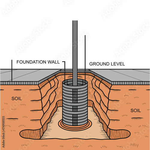 Foundation Wall Construction Cross Section with Reinforced Concrete Pile and Soil Layers Illustration, foundation construction, excavation, pile , soil test
