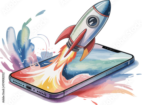 Mobile app startup rocket launch explosive growth and innovation on smartphone screen