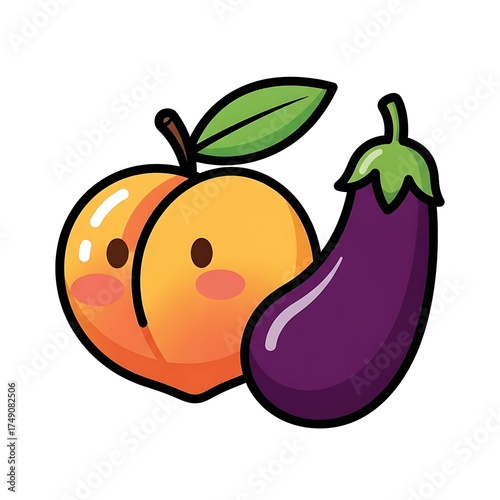 Playful Peach and Eggplant Cartoon - A Whimsical Food Pairing Illustration.