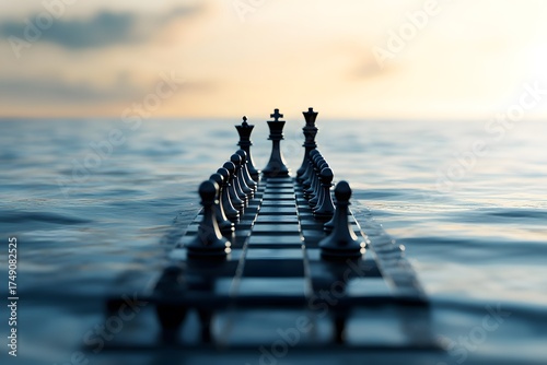 Full chess board with pieces arranged on ocean surface at sunset, strategic decisionmaking, competitive landscape, twilight hours, calm waters, golden hour glow, intellectual pursuit, 