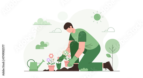 Illustration of a man gardening planting flowers in the garden with watering can and nature
