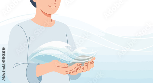 Illustration of a man holding stylized water waves representing purity and peace