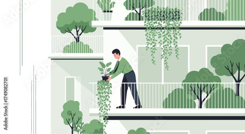 Illustration of a man tending to plants on a modern building's balcony with vibrant greenery