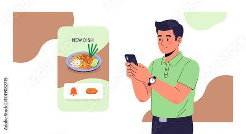 Illustration of a man using a food delivery app to order new dishes with his phone