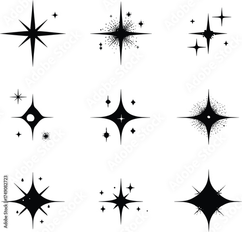 Black silhouette vector of sparkle and shining star icons, minimalist clean shapes with glow impression