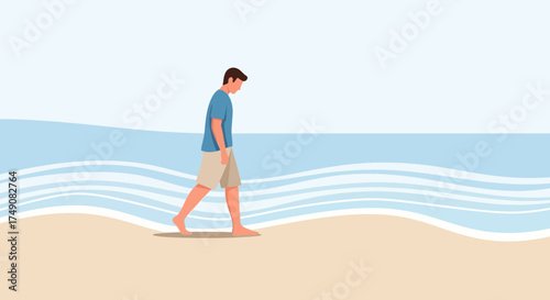Illustration of a man walking alone on a peaceful beach reflecting on life's challenges