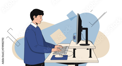 Illustration of a man working on a computer at a standing desk with geometric shapes background