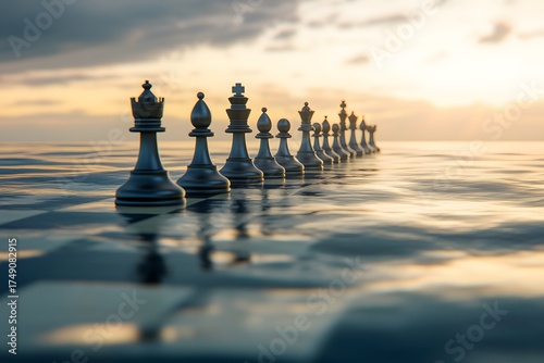 Chess pieces on chessboard floating on ocean surface at sunrise, strategic planning, business challenge, clear focus, serene calm, deep blue waters, golden light, conceptual thinking, game theory, 