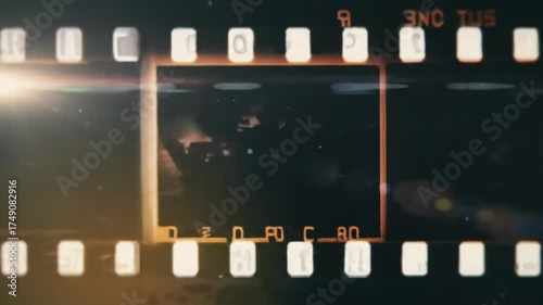 Static macro video of a vintage film strip frame, crisp focus against a deep dark void. Vibrant light leaks, anamorphic flares, dust, and film grain. Vintage dreamlike memory concept