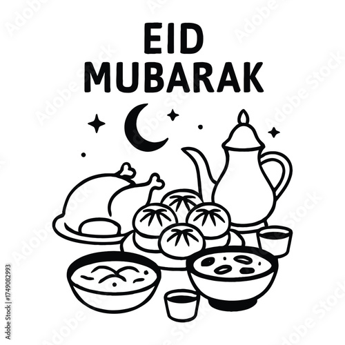 Eid Mubarak Vector with Traditional Food Items, Crescent Moon, Stars and Teapot – Black and White Islamic Festive Illustration