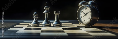 Classic chess setup with pawn, king, rook, and vintage alarm clock on a chessboard, time constraint, strategic thinking, critical decision, limited moves, game theory, 