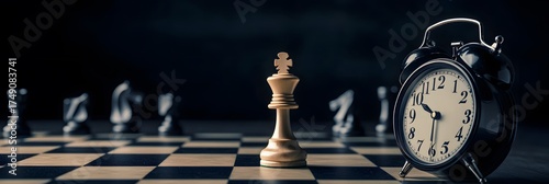 Dramatic Chess King and Alarm Clock on Dark Board - Strategic Thinking and Time Management in Business and Life Challenges, Symbolizing Important Decisions and Urgency