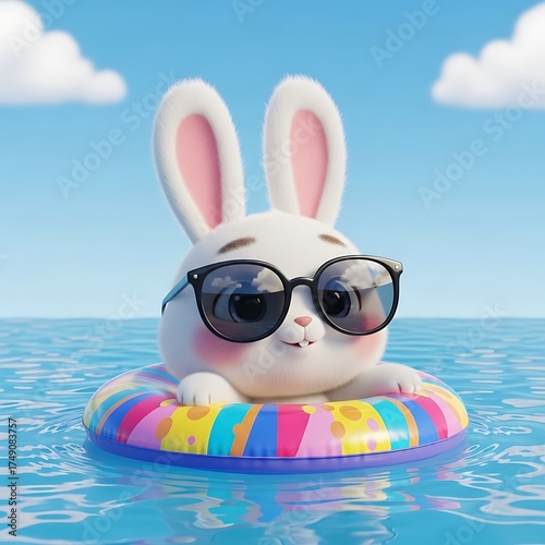 Adorable bunny floating happily in a vibrant swim ring, wearing cool sunglasses against a bright blue sky, perfect for summer fun and vacation vibes