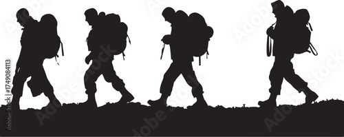 Four hikers walking in a line silhouette isolated on white background