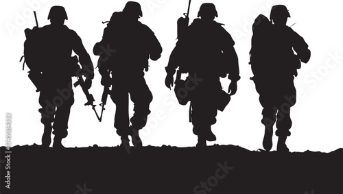 Four soldiers walking in silhouette isolated on white background