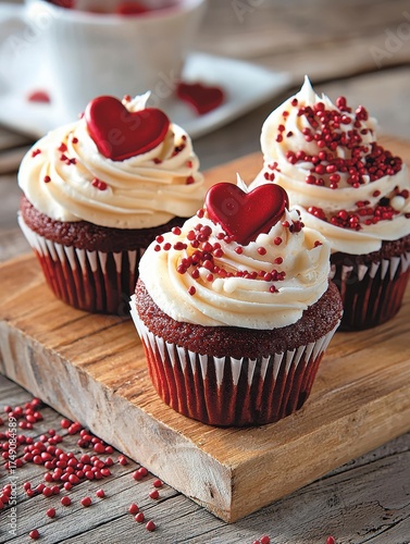 Red Velvet Cupcakes with Cream Cheese Frosting and Red Hearts for Valentine's Day.