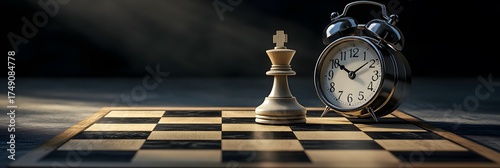 Minimalist Chess King and Alarm Clock on Simple Chessboard - Strategic Planning and Time Constraint Representation in Business or Personal Development