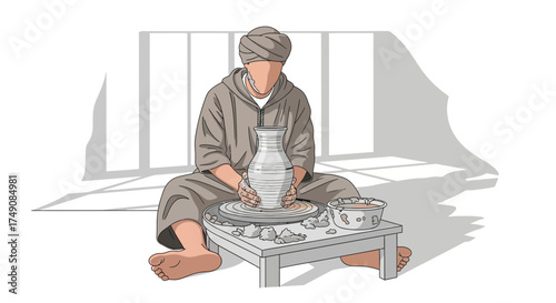 Illustration of a Potter Shaping Clay on a Wheel, Creating a Beautiful Vase in Studio