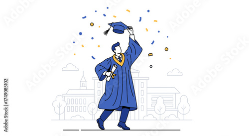 Illustration of a student celebrating graduation day with confetti and gown outdoors
