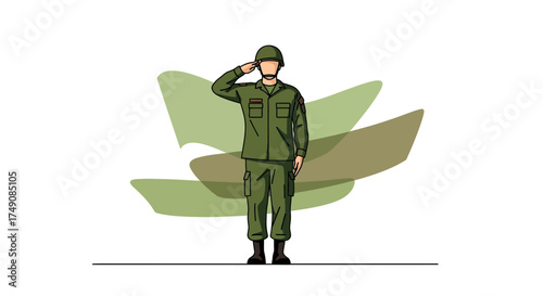 Illustration of a soldier in uniform saluting with a camouflage background design