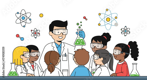 Illustration of a smiling male teacher with students in a science classroom performing experiments
