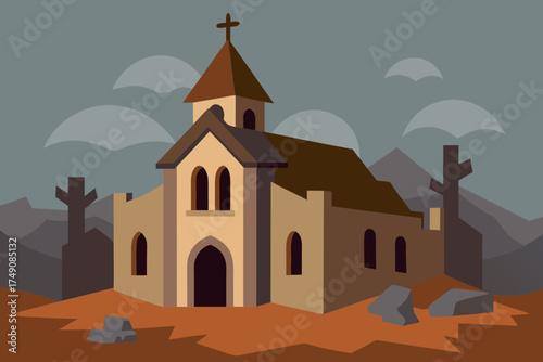Cartoon abandoned church ruins vector illustration