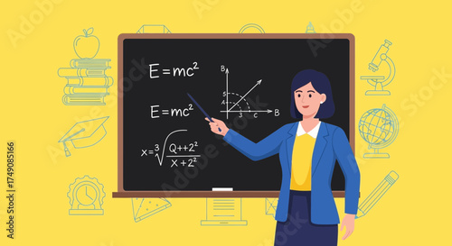 Illustration of a teacher explaining physics and mathematics on a blackboard in a classroom
