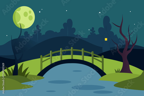 Cartoon haunted bridge over a swamp vector illustration