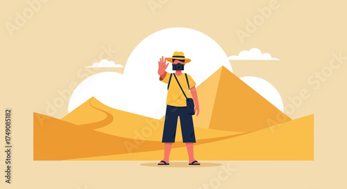 Illustration of a tourist with face mask in Egypt, standing in front of pyramids with his hand