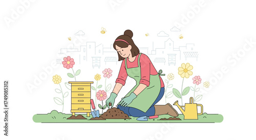Illustration of a woman gardening in a flower garden near a beehive in the backyard garden