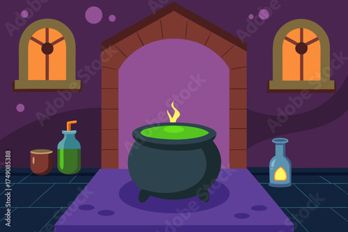 Cartoon magic cauldron room vector illustration