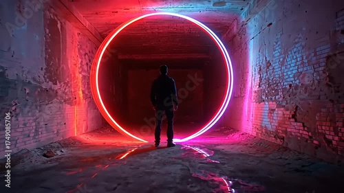 A silhouette of a person standing in a dimly lit abandoned space illuminated by vibrant neon circles
