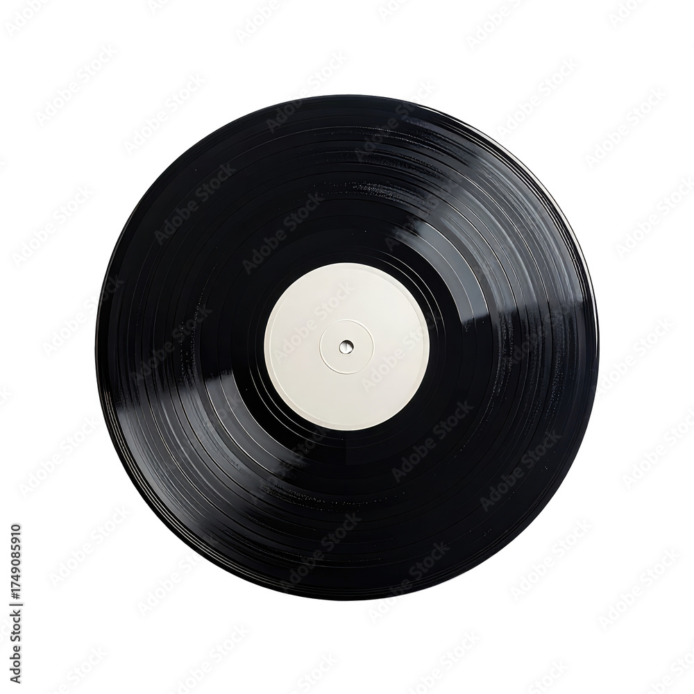 Obraz premium Black vinyl record with white label, grooves clearly visible against black backdrop