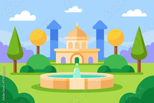 Cartoon royal garden with fountains vector illustration